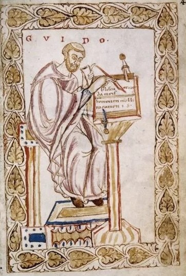 Изображение Гвидо д’Ареццо в рукописи из монастыря близ Аугсбурга, около 1100 года 